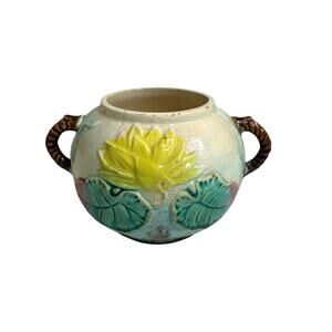 Antique Majolica Water Lily Pond Rope Sugar Bowl Handled